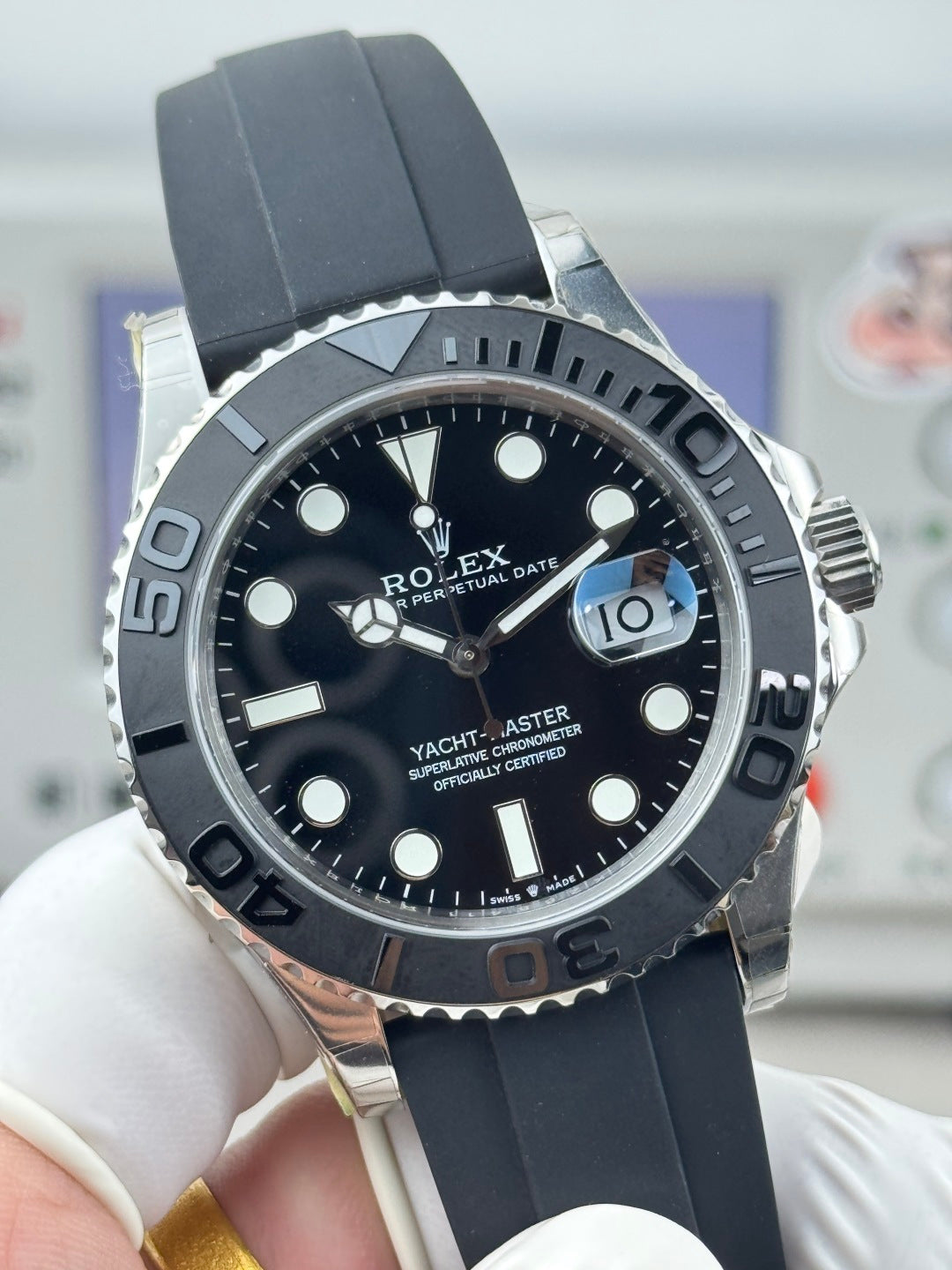 Rolex Yacht-Master II Silver Black Dial & Matte Black Oysterflex