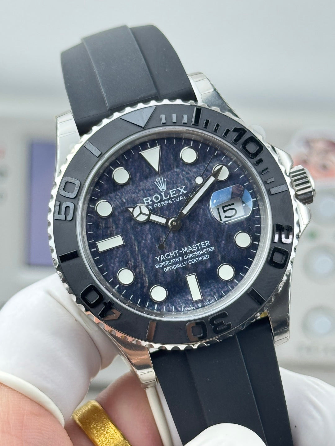 Rolex Yacht-Master II Silver Black Dial & Matte Black Oysterflex
