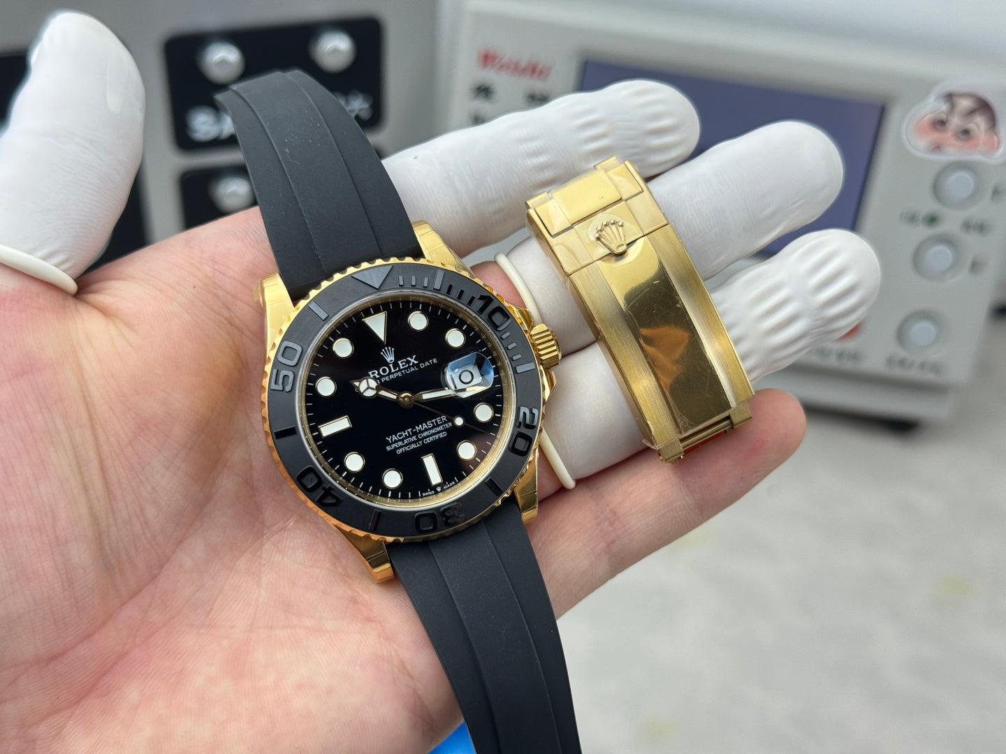 Rolex Yacht-Master II Gold Black Dial & Matte Black Oysterflex