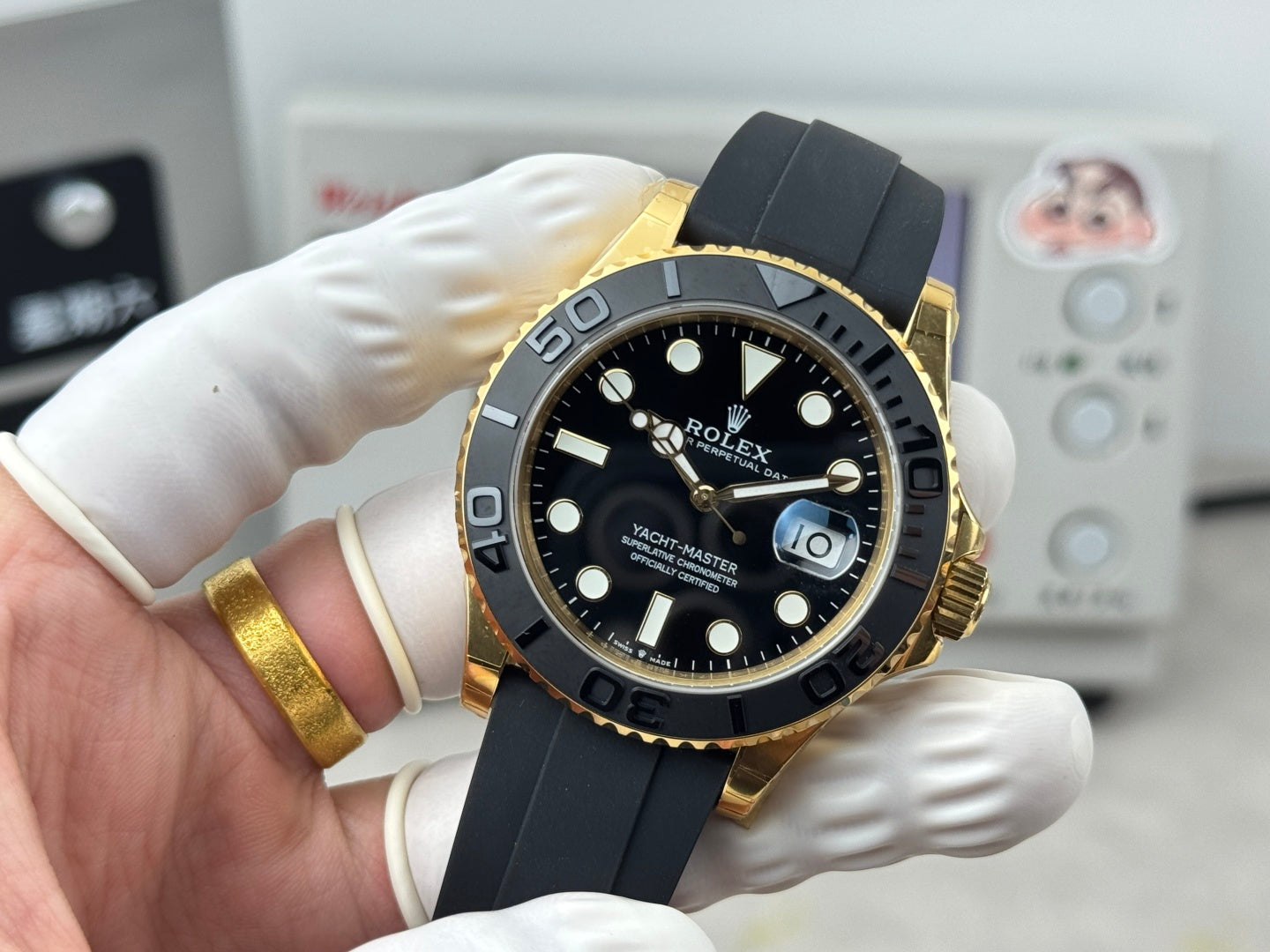 Rolex Yacht-Master II Gold Black Dial & Matte Black Oysterflex