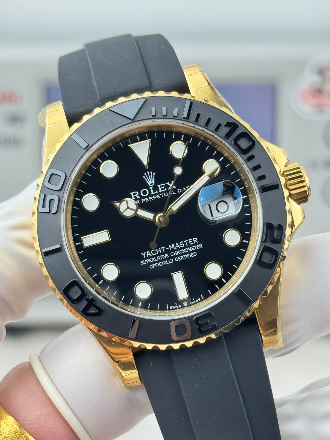Rolex Yacht-Master II Gold Black Dial & Matte Black Oysterflex