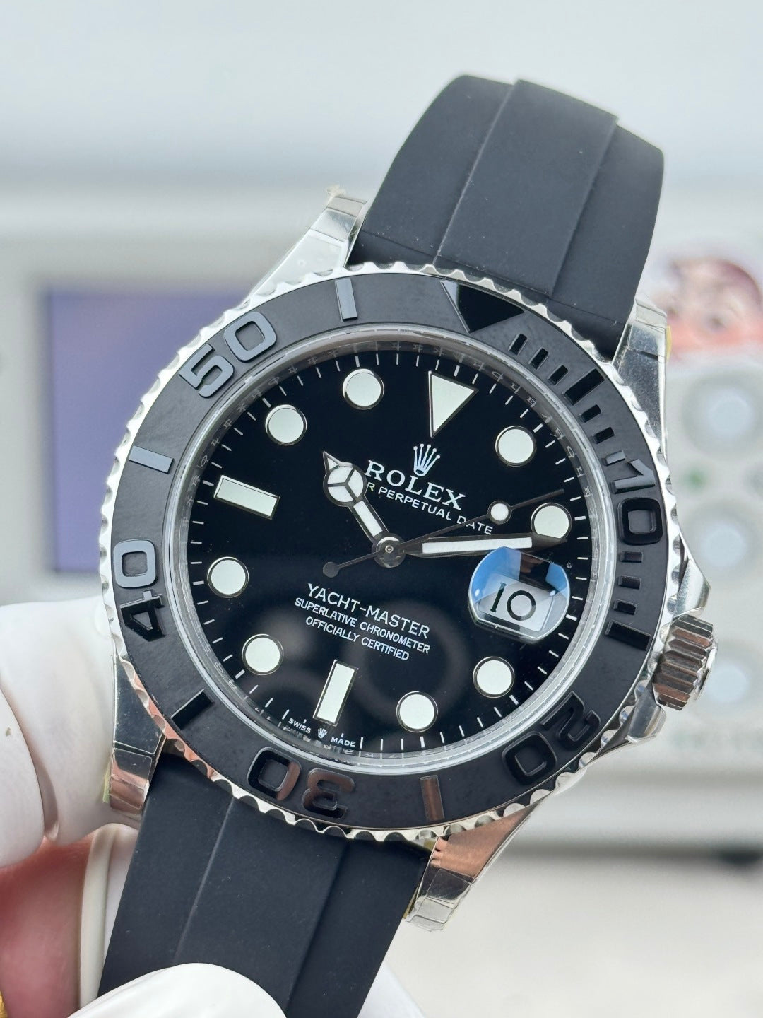 Rolex Yacht-Master II Silver Black Dial & Matte Black Oysterflex