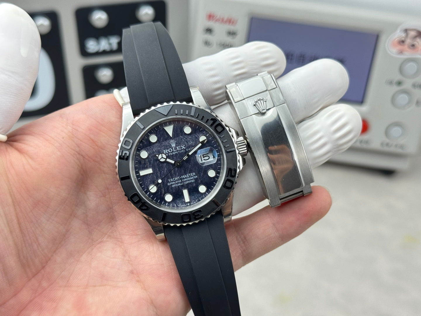 Rolex Yacht-Master II Silver Black Dial & Matte Black Oysterflex